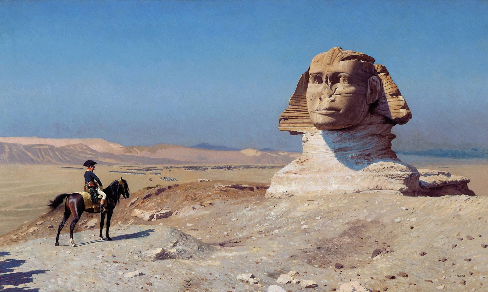 A painting of Napoleon Bonaparte standing in front of the Great Sphinx of Giza.