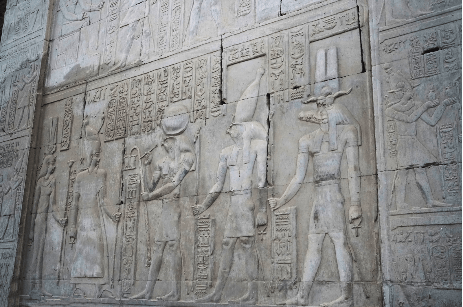 A close-up of a relief carving on a temple wall in Karnak, featuring the god Sobek with his crocodile head.