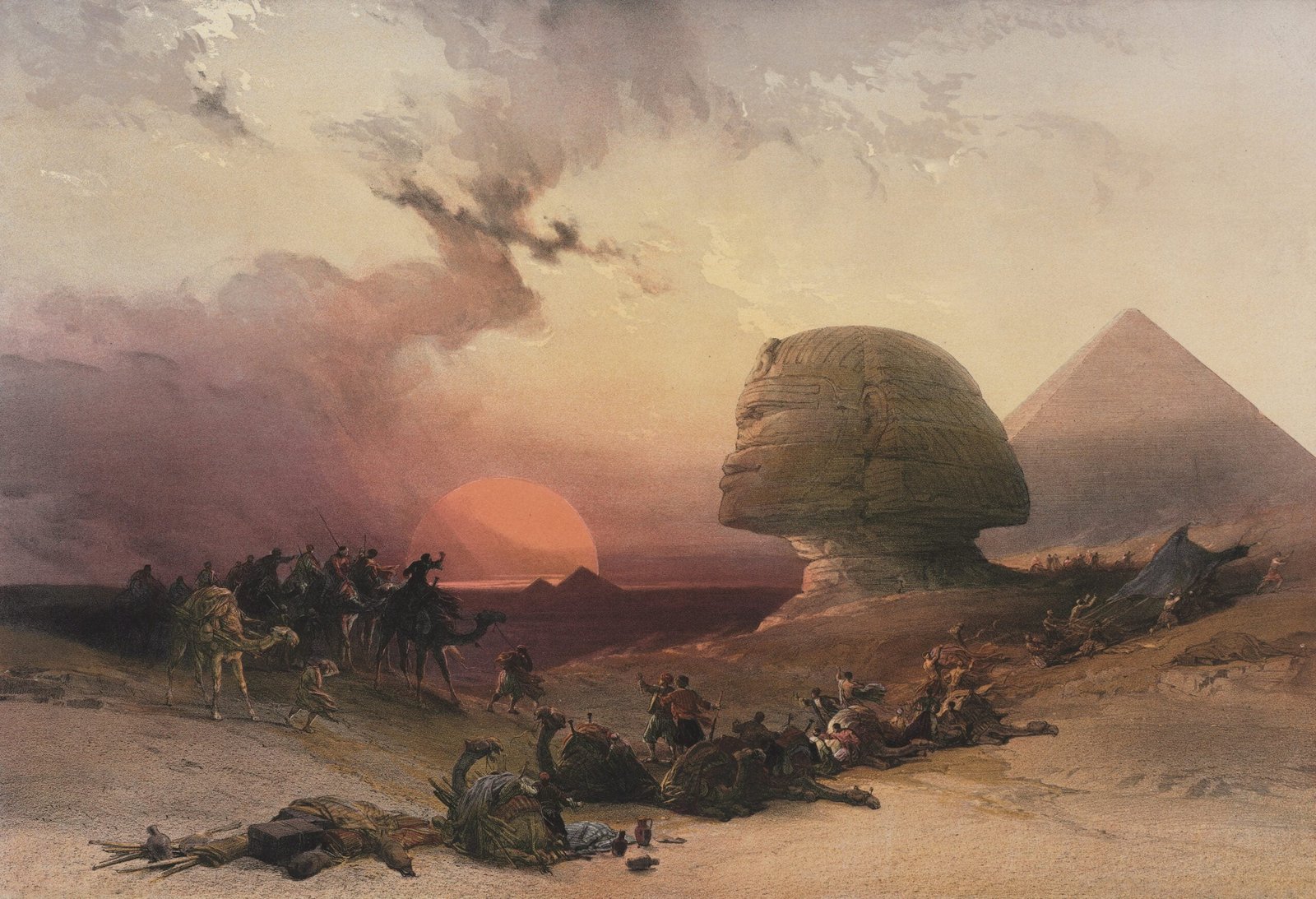 A 19th-century color lithograph depicting the Great Sphinx of Giza, partially obscured by windblown sand, with the Giza pyramids in the distance.