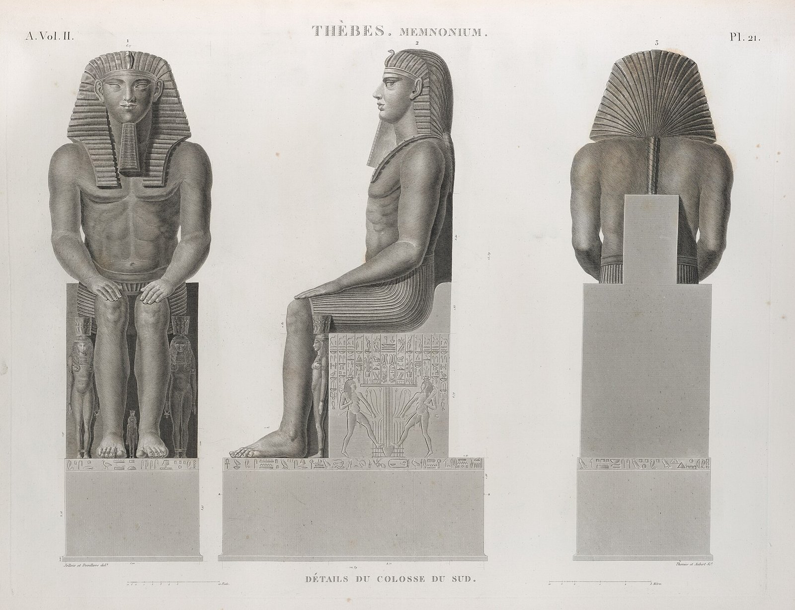 Engravings of the Colossi of Memnon in Luxor, Egypt, showing front, side, and back views of the statues.