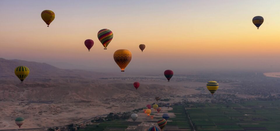 Hot air balloon during the sunrise in Luxor, Egypt