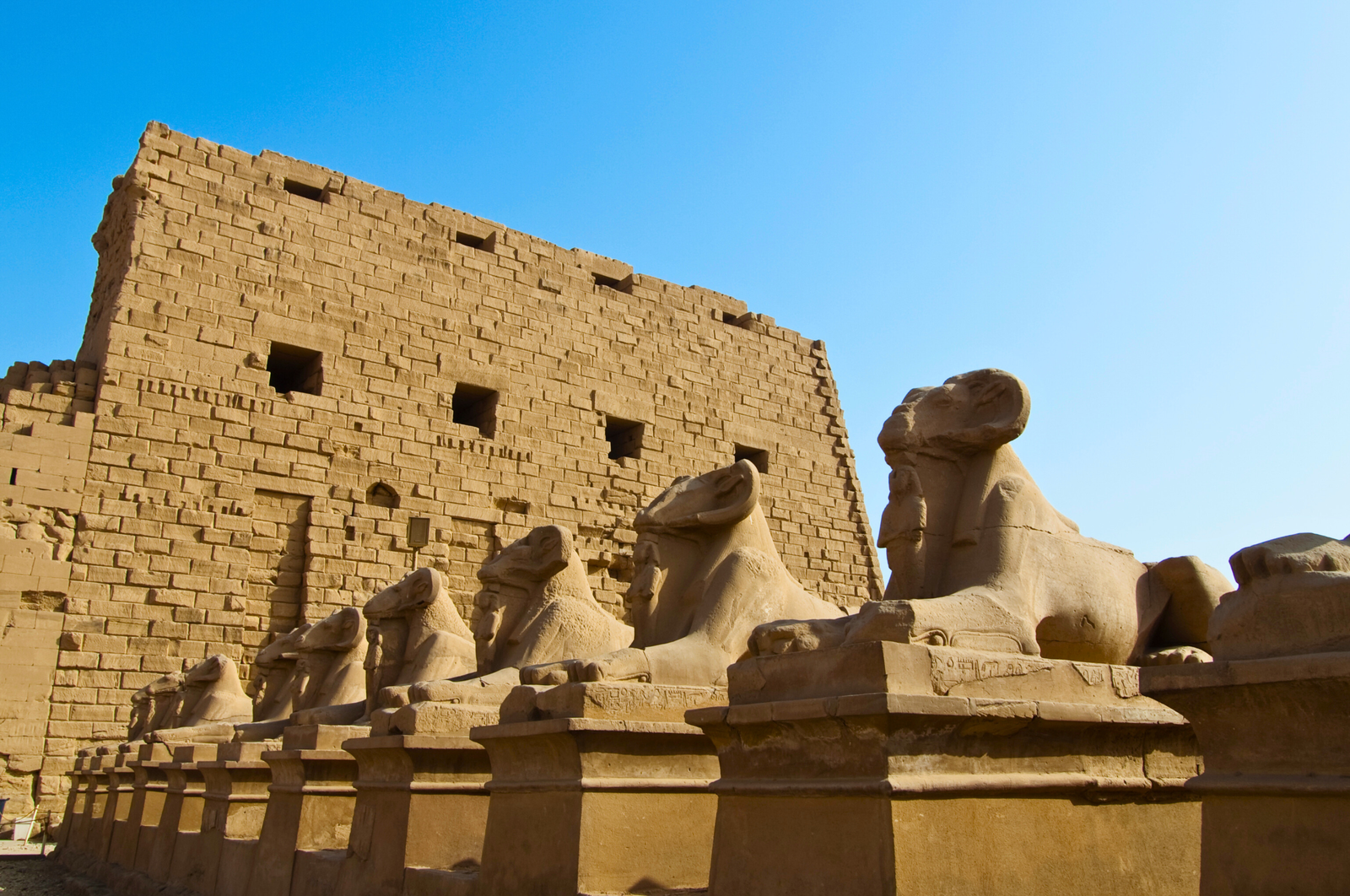  A photo of the Avenue of Sphinxes at Karnak Temple, showcasing rows of ram-headed sphinxes leading towards the temple entrance.