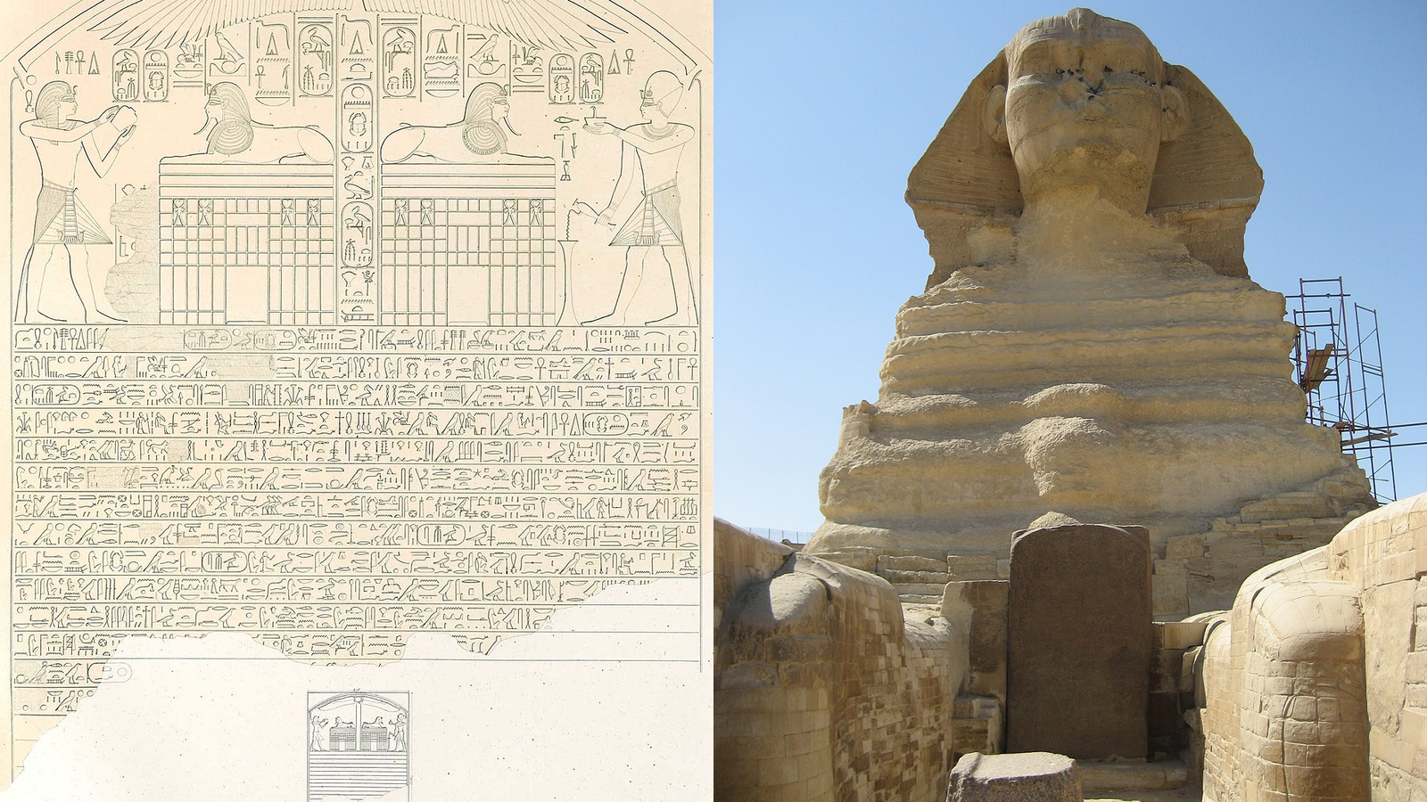 A split-screen image comparing a detailed drawing of the Dream Stele with a photograph of the actual stele located beneath the paws of the Great Sphinx of Giza.