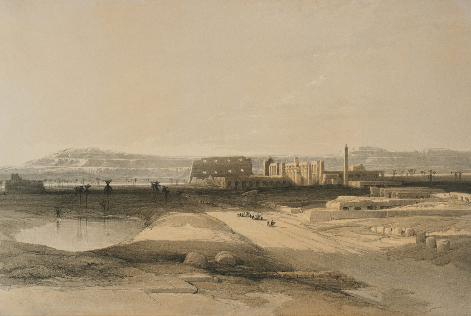 A 19th-century lithograph depicting the Karnak Temple complex in Luxor, Egypt, showing the temple's pylons, columns, and surrounding landscape.