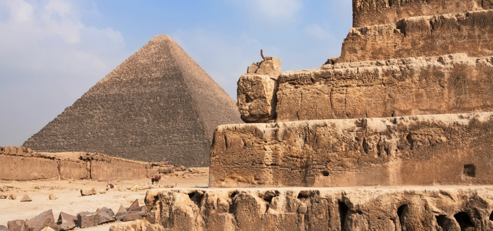 A photo of the Great Pyramid of Giza, showcasing its massive size and ancient stonework.