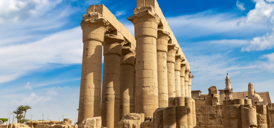 A view of the colonnade in Luxor Temple, Egypt, as seen from the Court of Amenhotep III.