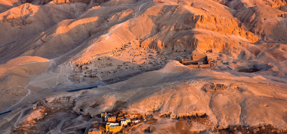 An aerial view of Deir el-Medina, the ancient village where the artisans who built the tombs in the Valley of the Kings lived.