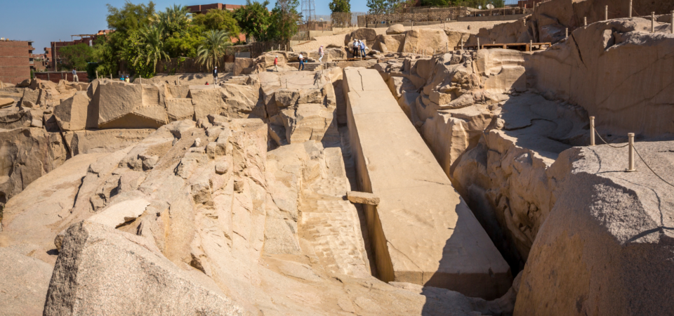 The Unfinished Obelisk in Aswan, partially carved into bedrock, showing ancient stone-working techniques.