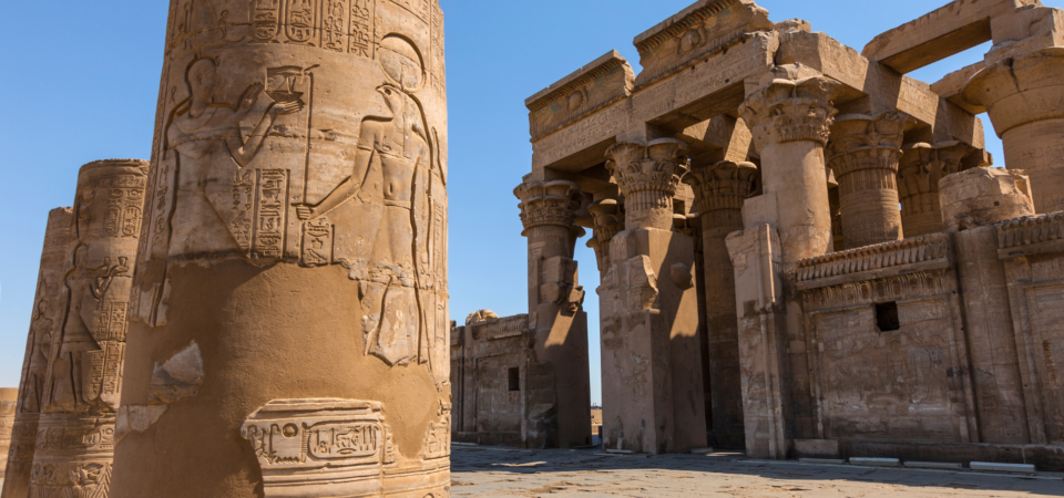 A symmetrical Egyptian temple with two entrances, dedicated to the crocodile god Sobek and the falcon god Haroeris.