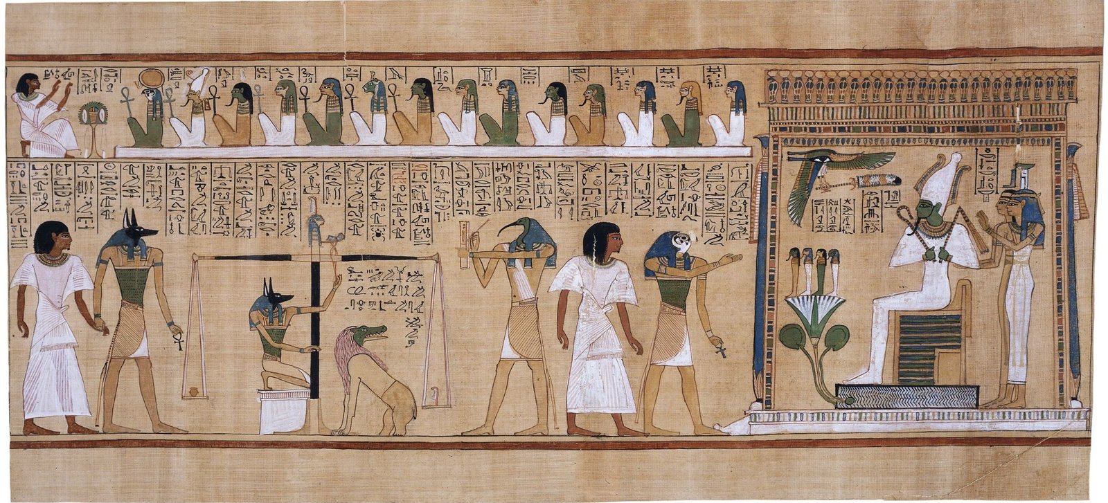 A papyrus painting showing the Weighing of the Heart ceremony from the Book of the Dead. Anubis, the jackal-headed god, weighs the heart of the deceased against the feather of truth while Thoth, the ibis-headed god, records the result.