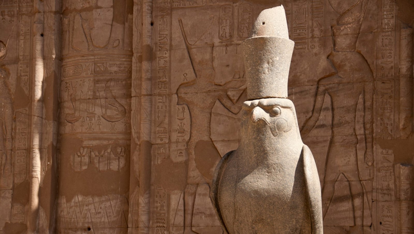 A photo of a statue of Horus, the falcon-headed god, at the Temple of Edfu in Egypt.