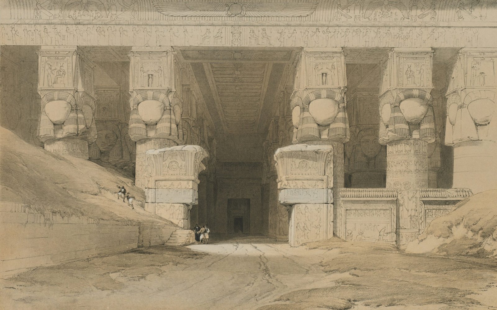 A 19th-century lithograph depicting the Temple of Hathor in Dendera, Egypt, showcasing the massive columns and intricate hieroglyphics.