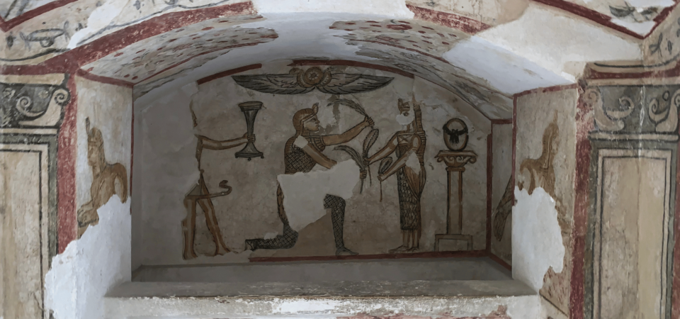 Frescoes in the Tombs of Alexandria, showcasing Hellenistic art depicting Egyptian and Greco-Roman deities in vibrant detail.