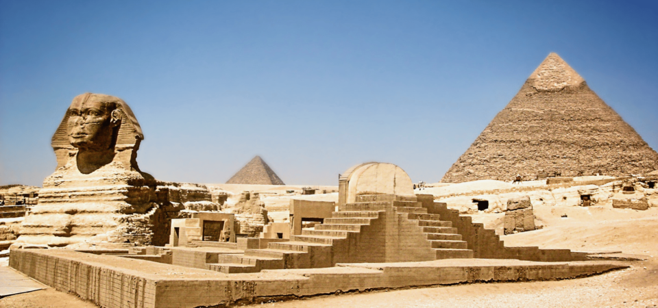 The Sphinx and the Great Pyramid in the Giza Plateau.