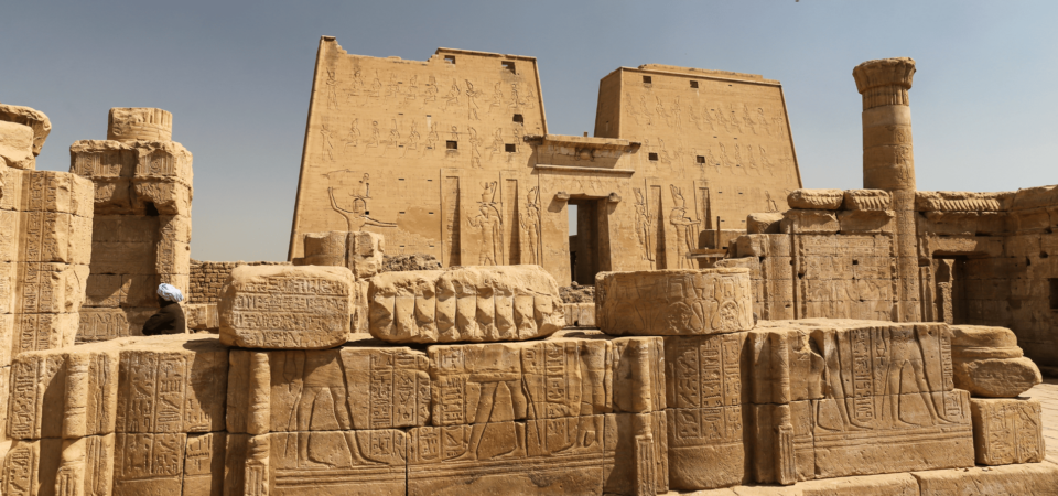 Temple of Horus (Edfu Temple) in Egypt under clear blue skies.