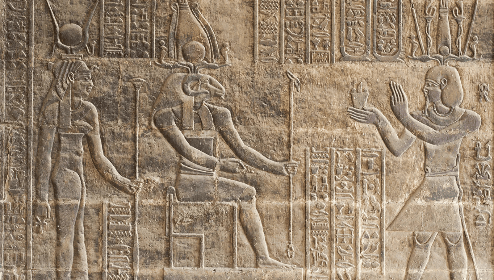 A relief carving of Khnum, the ram-headed god, from a tomb in the Valley of the Queens, Thebes, Egypt.