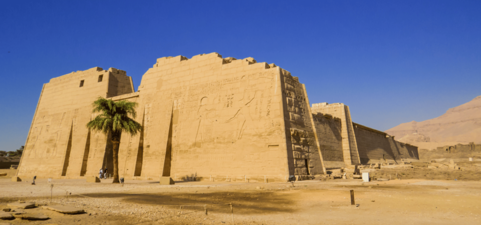 The grand facade of Medinet Habu Temple in Luxor with a palm tree in the foreground.