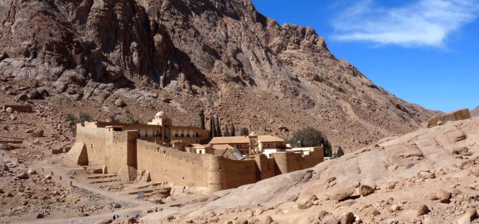 Saint Catherine's Monastery surrounded by the rugged mountains of Mount Sinai.