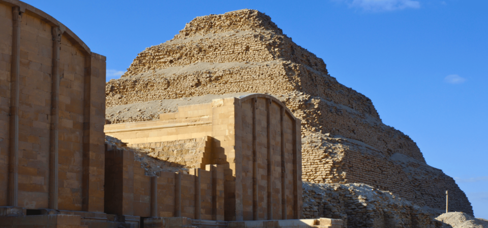 Saqqara's Step Pyramid of Djoser viewed from the adjacent colonnaded courtyard.