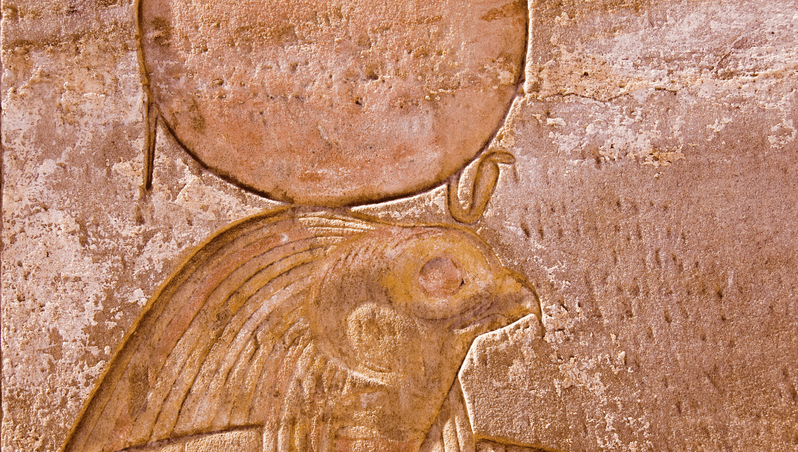 An ancient Egyptian relief depicting Ra, the sun god, wearing the solar disk, symbolically linked to the Blue Egyptian lotus and the cycle of creation.