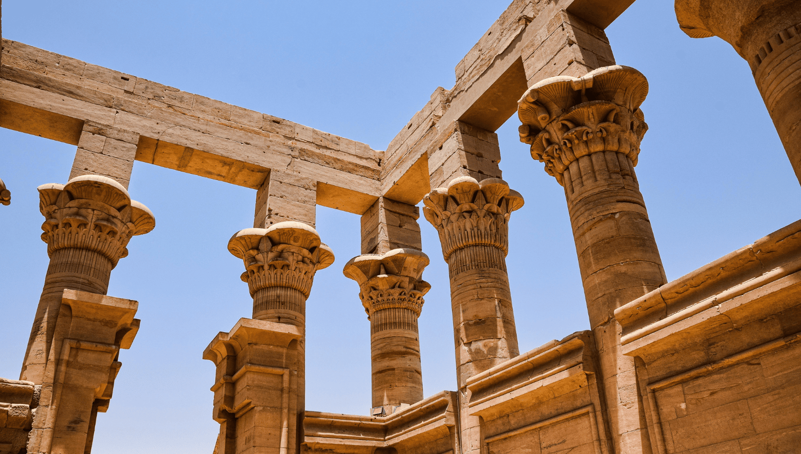 Ancient Egyptian lotus-shaped columns at Philae Temple standing against a clear blue sky.