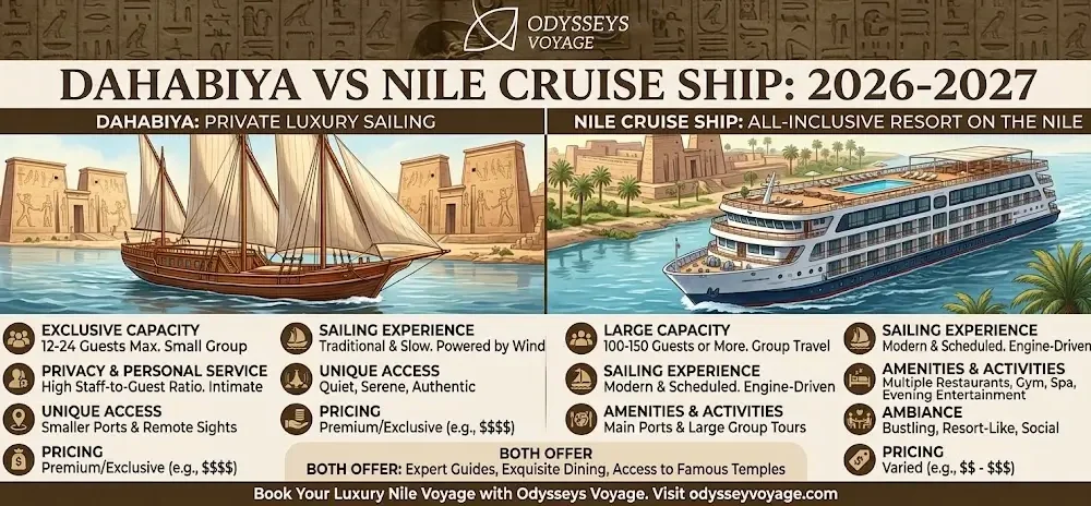 Dahabiya vs Nile Cruise Ship 2026-2027: Compare Egypt Luxury Sailing